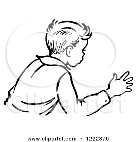 Clipart of a Retro Boy Trying to Stop an Action in Black and White - Royalty Free Vector Illustration by Picsburg