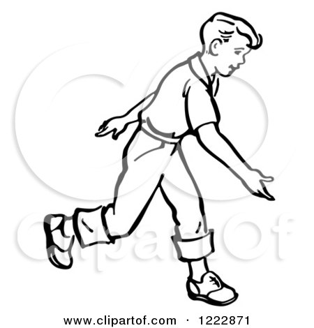 Clipart of a Retro Boy After Releasing a Bowling Ball in Black and White - Royalty Free Vector Illustration by Picsburg