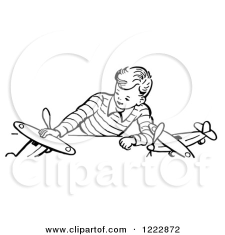 Clipart of a Retro Boy Playing with Airplanes in Black and White - Royalty Free Vector Illustration by Picsburg