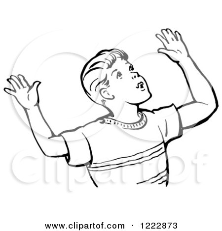 Clipart of a Retro Boy Throwing up His Arms in Black and White - Royalty Free Vector Illustration by Picsburg