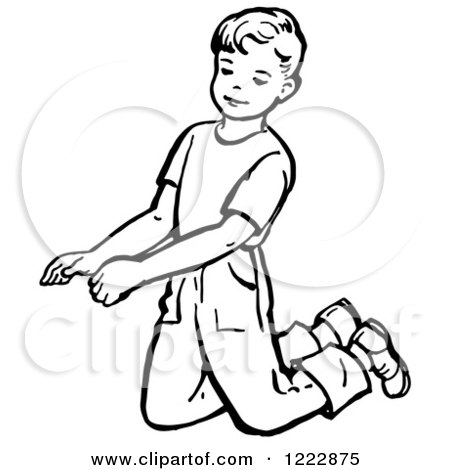 Clipart of a Retro Boy Kneeling in Black and White - Royalty Free Vector Illustration by Picsburg