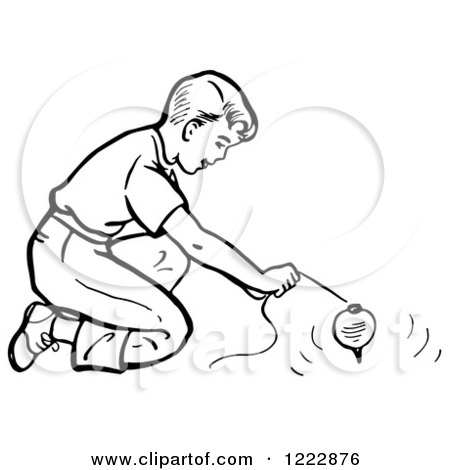 Clipart of a Retro Boy Playing with a Top in Black and White - Royalty Free Vector Illustration by Picsburg