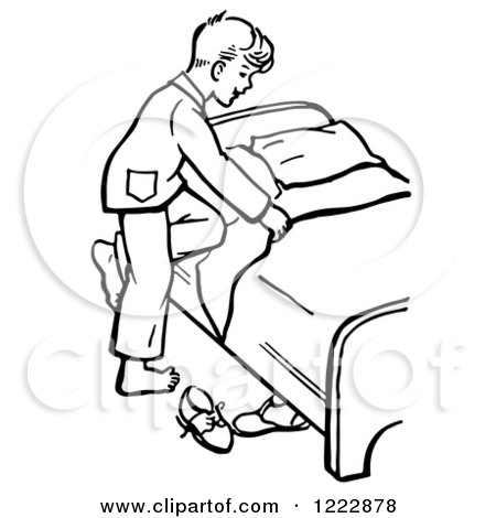 Clipart of a Retro Boy Climbing into Bed in Black and White - Royalty