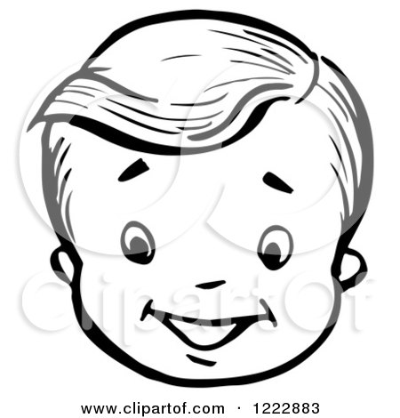 Clipart of a Happy Retro Boy Face in Black and White - Royalty Free Vector Illustration by Picsburg