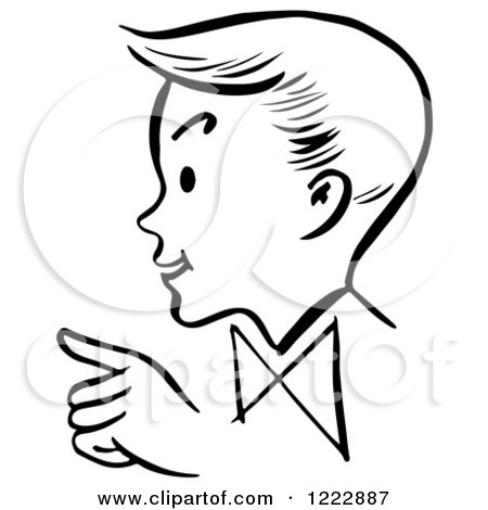 Clipart of a Pointing Retro Boy in Profile, in Black and White - Royalty Free Vector Illustration by Picsburg