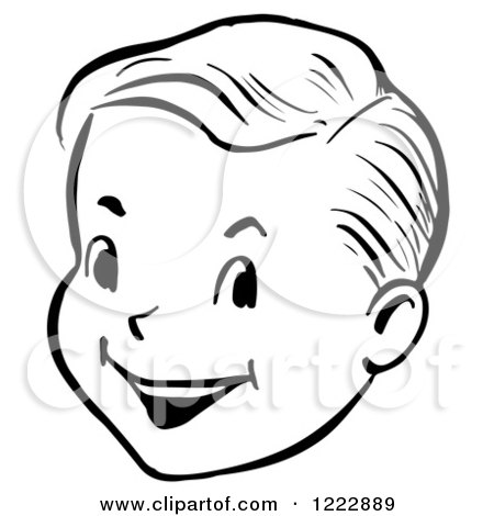 Clipart of a Happy Retro Boy Face in Black and White - Royalty Free Vector Illustration by Picsburg