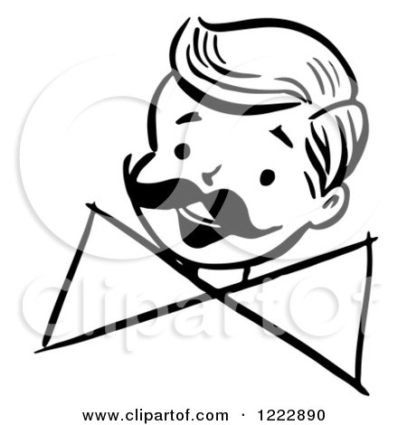 Clipart of a Happy Retro Boy with a Mustache and Bow, in Black and White - Royalty Free Vector Illustration by Picsburg