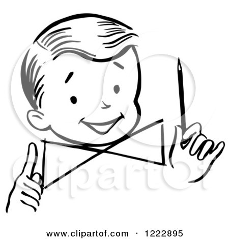 Clipart of a Happy Retro Boy Holding a Pencil, in Black and White - Royalty Free Vector Illustration by Picsburg