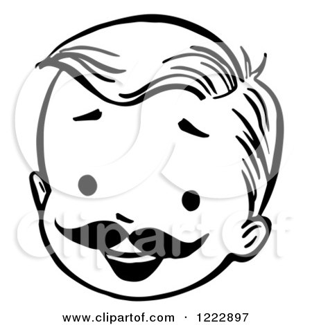Clipart of a Happy Retro Boy Face with a Mustache in Black and White - Royalty Free Vector Illustration by Picsburg
