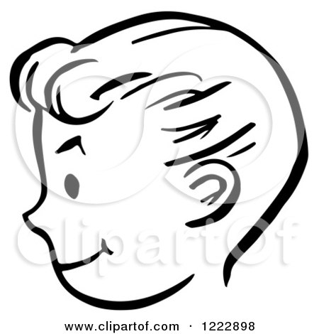 Clipart of a Happy Retro Boy Face in Profile, in Black and White - Royalty Free Vector Illustration by Picsburg