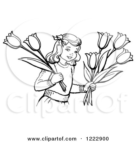 Clipart of a Retro Girl Holding Tulip Flowers in Black and White - Royalty Free Vector Illustration by Picsburg