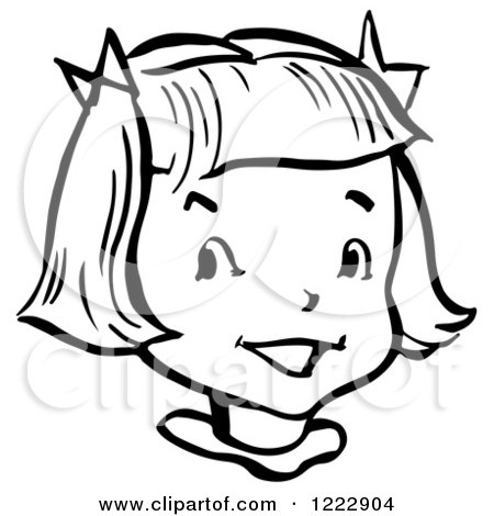 Clipart of a Happy Retro Girl in Black and White - Royalty Free Vector Illustration by Picsburg