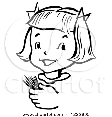 Clipart of a Happy Retro Girl Holding Toothpicks in Black and White - Royalty Free Vector Illustration by Picsburg