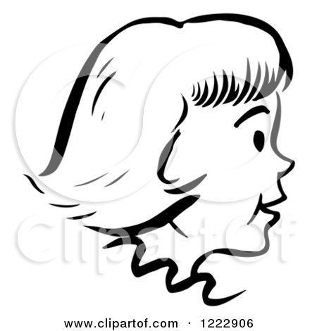 Clipart of a Happy Retro Girl in Profile in Black and White - Royalty Free Vector Illustration by Picsburg