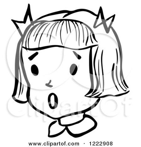 Clipart of a Surprised Retro Girl in Black and White - Royalty Free Vector Illustration by Picsburg