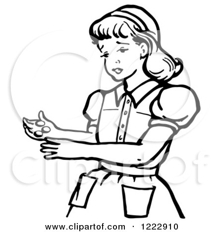 Clipart of a Retro Girl Holding Coins in Black and White - Royalty Free Vector Illustration by Picsburg