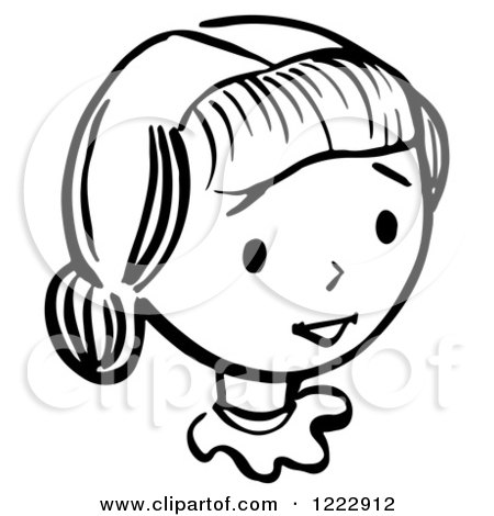 Clipart of a Happy Retro Girl in Black and White - Royalty Free Vector Illustration by Picsburg
