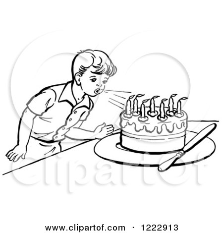 Clipart of a Retro Boy Blowing out Birthday Cake Candles in Black and White - Royalty Free Vector Illustration by Picsburg