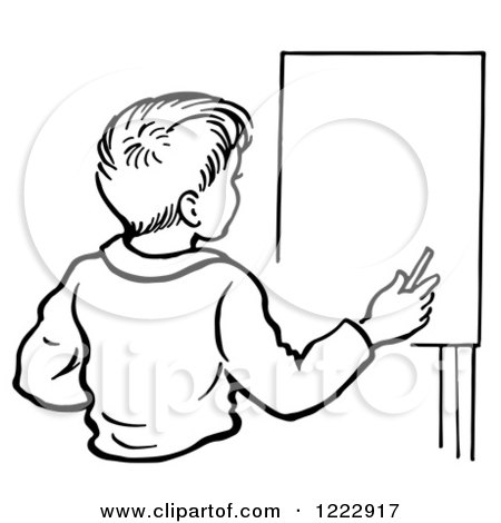 Clipart of a Retro Boy by an Easel in Black and White - Royalty Free Vector Illustration by Picsburg
