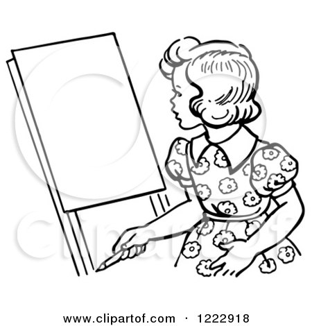 Clipart of a Retro Girl Looking at an Easel in Black and White - Royalty Free Vector Illustration by Picsburg
