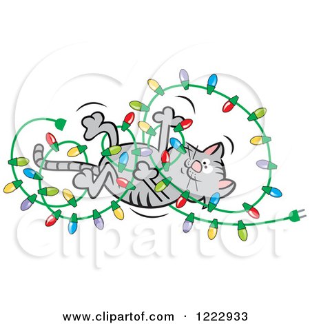 Clipart of a Cat Playing with and Tangling up Christmas Lights - Royalty Free Vector Illustration by Johnny Sajem