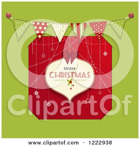 Clipart of a Merry Christmas Bauble over Red Stripes Tucked into Slots on Green with a Bunting - Royalty Free Vector Illustration by elaineitalia