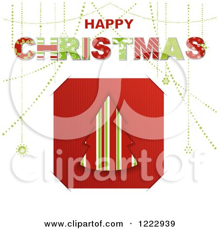 Clipart of a Happy Christmas Greeting over a Striped Christmas Tree Tucked into Slots on White - Royalty Free Vector Illustration by elaineitalia
