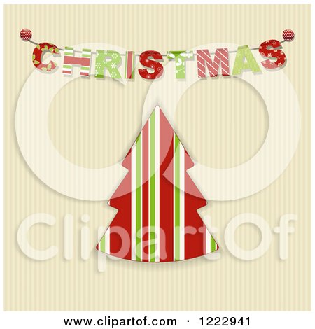Clipart of a Christmas Bunting Banner over a Striped Tree on Corrugated Cardboard - Royalty Free Vector Illustration by elaineitalia