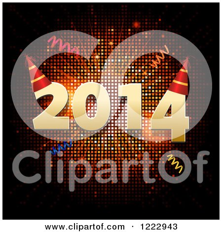 Clipart of New Year 2014 with Party Hats and Confetti over Mosaic - Royalty Free Vector Illustration by elaineitalia