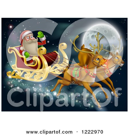 Clipart of Rudolph and Another Reindeer Leading Santas Christmas Sleigh over a Full Moon - Royalty Free Vector Illustration by AtStockIllustration