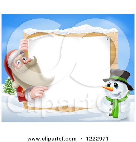 Clipart of Santa Claus and a Snowman by a Sign in the Snow - Royalty Free Vector Illustration by AtStockIllustration