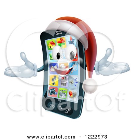Clipart of a Welcoming Christmas Smart Phone Mascot Wearing a Santa Hat - Royalty Free Vector Illustration by AtStockIllustration
