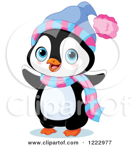 Clipart of a Cute Baby Penguin Waving and Wearing a Scarf and Hat - Royalty Free Vector Illustration by Pushkin