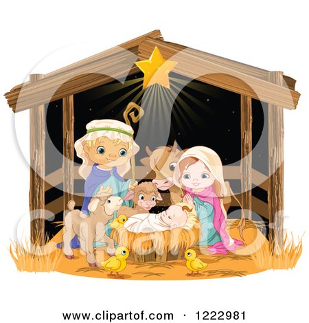 Clipart of a Star Shining on Baby Jesus Surrounded by Mary Joseph and Cute Animals in a Manger - Royalty Free Vector Illustration by Pushkin