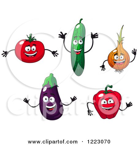 Clipart of Happy Tomato Cucumber Onion Eggplant and Bell Pepper Characters - Royalty Free Vector Illustration by Vector Tradition SM
