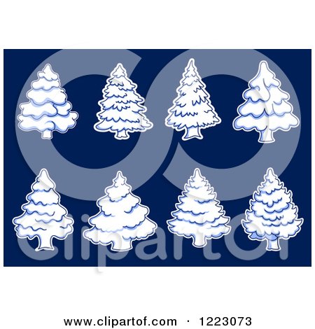 Clipart of Snow Flocked Evergreen Christmas Trees on Blue - Royalty Free Vector Illustration by Vector Tradition SM