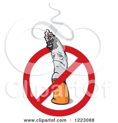 Clipart of a Sad Cigarette Character with Smoke and a Restricted Symbol - Royalty Free Vector Illustration by Vector Tradition SM