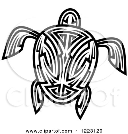 Clipart of a Black and White Tribal Sea Turtle 3 - Royalty Free Vector Illustration by Vector Tradition SM
