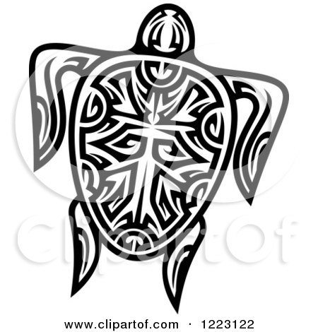 Clipart of a Black and White Tribal Sea Turtle 5 - Royalty Free Vector Illustration by Vector Tradition SM