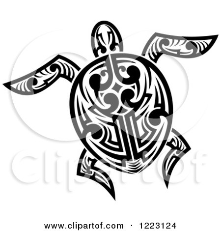 Clipart of a Black and White Tribal Sea Turtle 7 - Royalty Free Vector Illustration by Vector Tradition SM