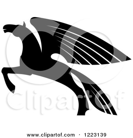 Clipart of a Black and White Winged Horse Pegasus Ready to Take Flight 2 - Royalty Free Vector Illustration by Vector Tradition SM