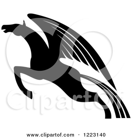 Clipart of a Black and White Winged Horse Pegasus Ready to Take Flight - Royalty Free Vector Illustration by Vector Tradition SM