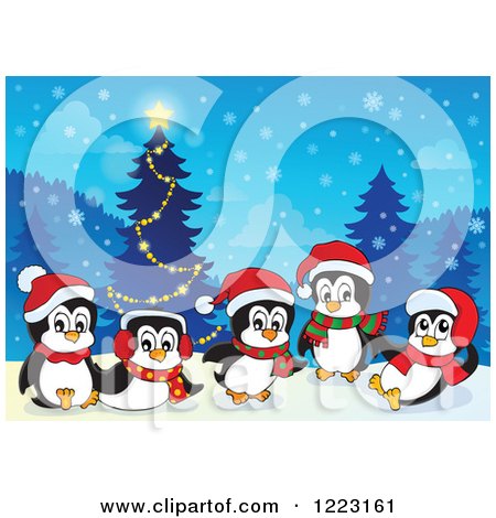 Clipart of a Christmas Tree and Cute Penguins with Winter Accessories - Royalty Free Vector Illustration by visekart