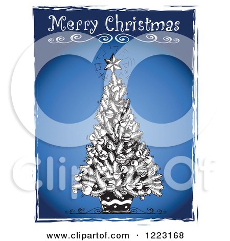 Clipart of Merry Christmas Text over a Black and White Tree over Blue with Grunge Borders - Royalty Free Vector Illustration by visekart