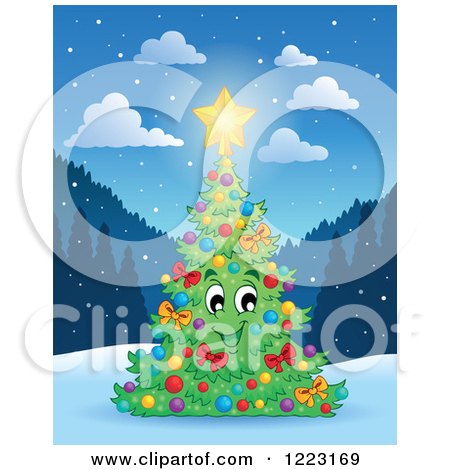 Clipart of a Happy Christmas Tree with a Glowing Star Outdoors - Royalty Free Vector Illustration by visekart