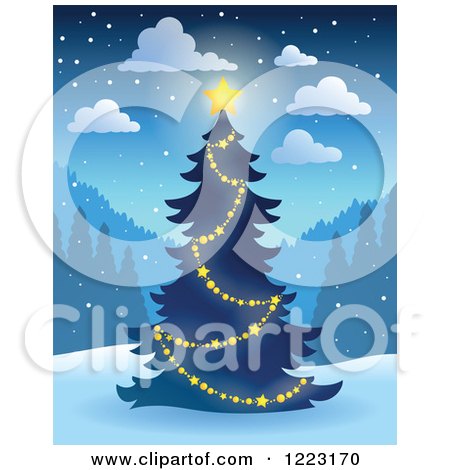 Clipart of a Glowing Star on an Outdoor Christmas Tree at Night - Royalty Free Vector Illustration by visekart
