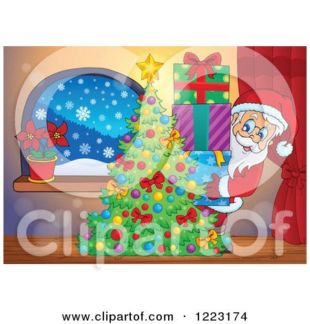 Clipart of Santa Claus with a Stack of Presents Behind a Christmas Tree - Royalty Free Vector Illustration by visekart