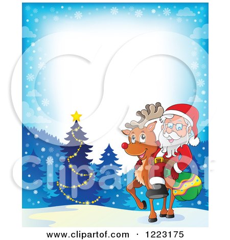 Clipart of Santa Claus Riding a Reindeer in the Snow, with Text Space - Royalty Free Vector Illustration by visekart