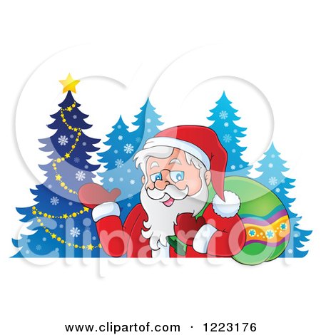 Clipart of Santa Claus Waving and Carrying a Sack over His Shoulder by Blue Trees - Royalty Free Vector Illustration by visekart