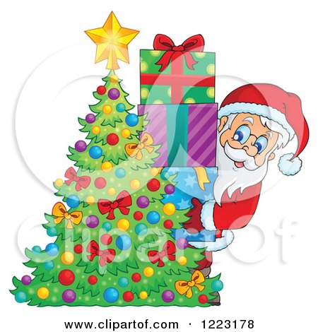 Clipart of Santa Claus with a Stack of Gifts Behind a Christmas Tree - Royalty Free Vector Illustration by visekart